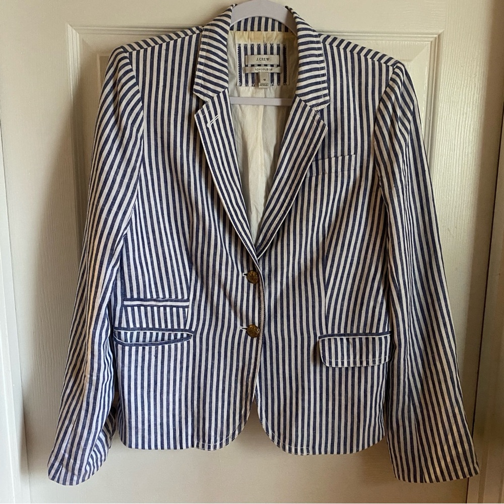 J Crew Blue & White Striped Linen Schoolboy Blazer Size 12